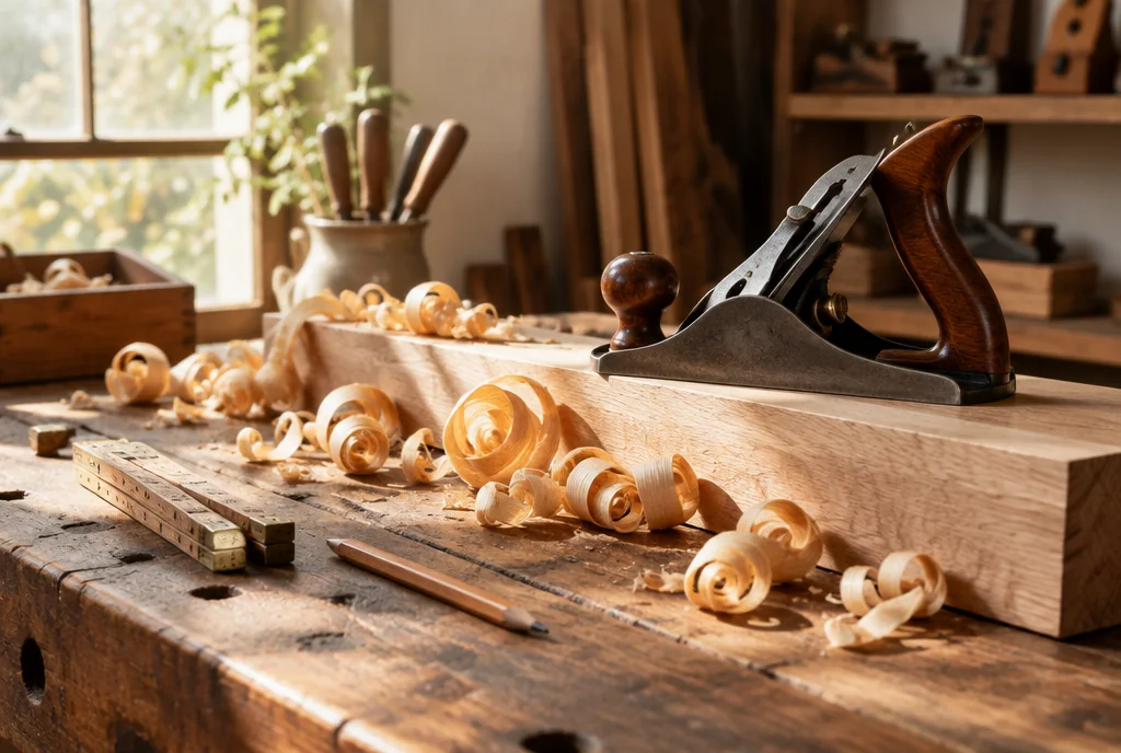 Hand plane, oak board and curled wood shavings on a carpenter's workbench