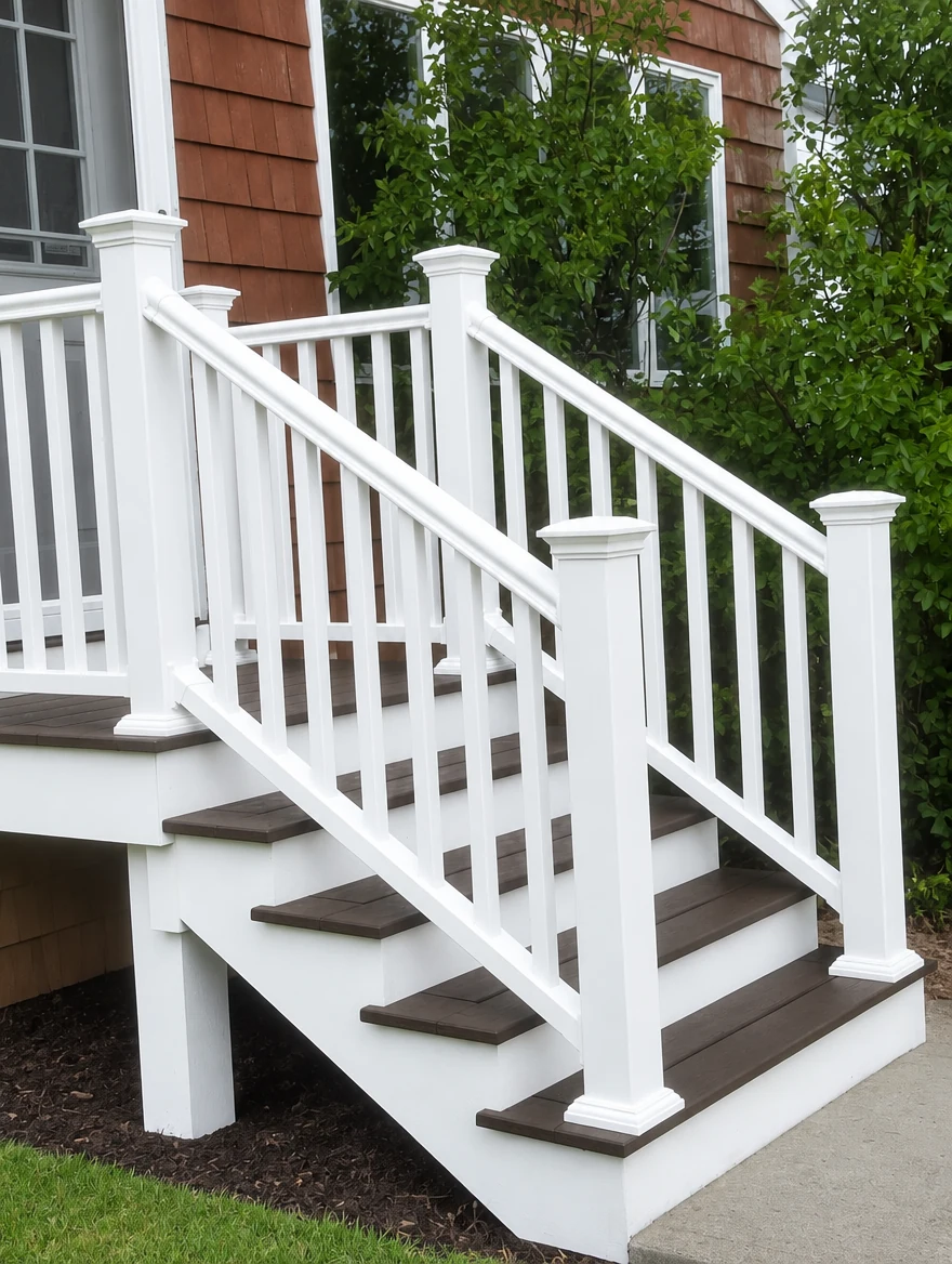 Finished exterior stairs with white railings and composite treads